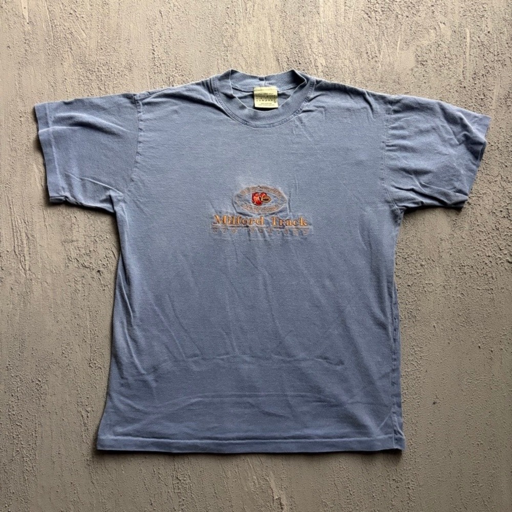 Vintage New Zealand Milford Track Shirt Medium Blue 1990s Embroidered